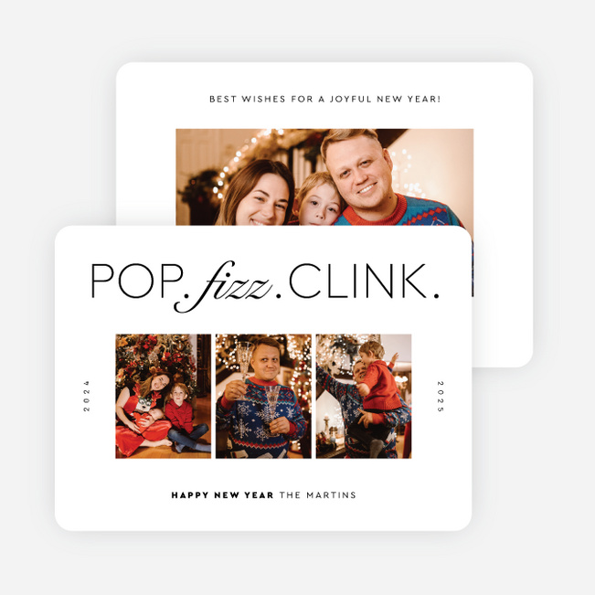 Pop. Fizz. Clink. New Year Cards and Invitations - White