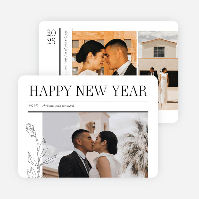 Monochrome Bloom New Year Cards and Invitations - White