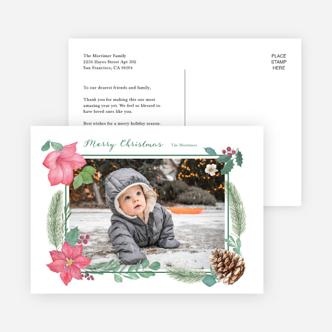 Pinecones & Poinsettias Bright Christmas Cards - Green