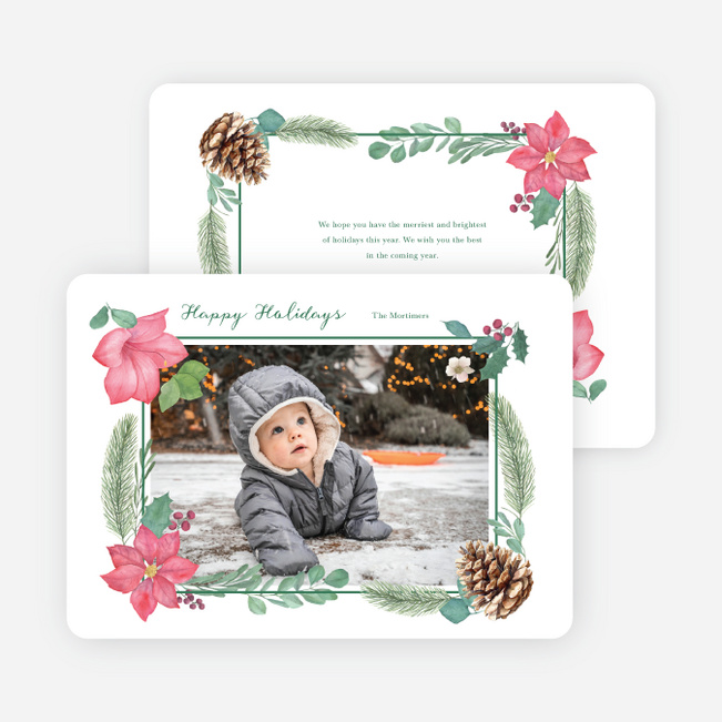 Pinecones & Poinsettias Bright Holiday Cards and Invitations - Green